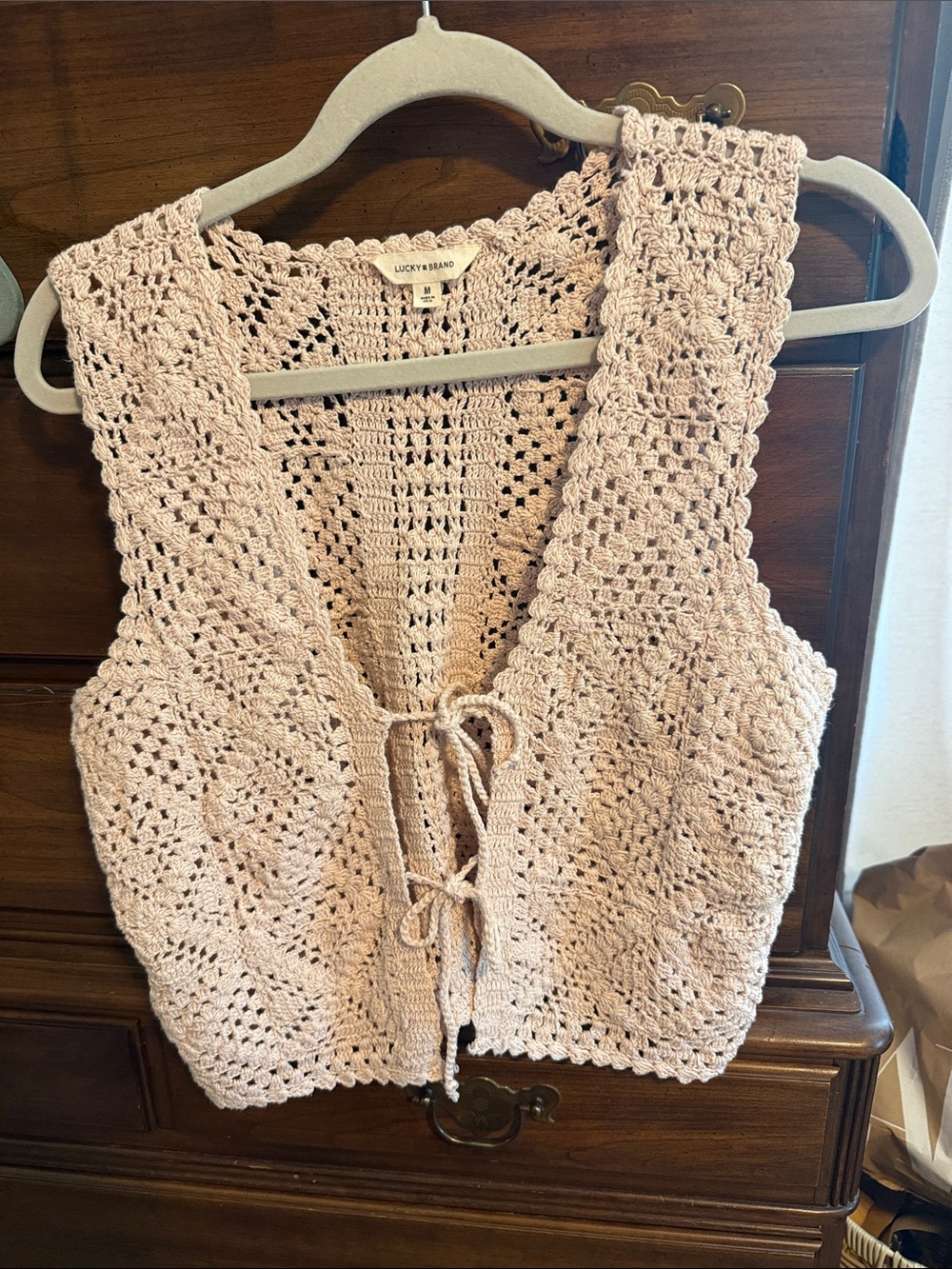 Lucky Brand Pale Pink Crochet Tie-Front Vest